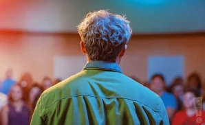 Man with curly hair addresses an audience from behind, bathed in dramatic red and blue stage lighting.
